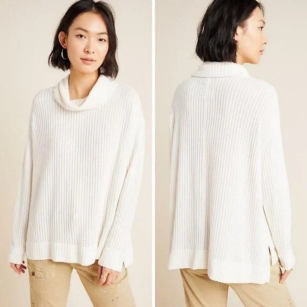 Anthropologie Maeve Vanna Cream Ribbed Cowl Neck Tunic Sweater XS Like New!